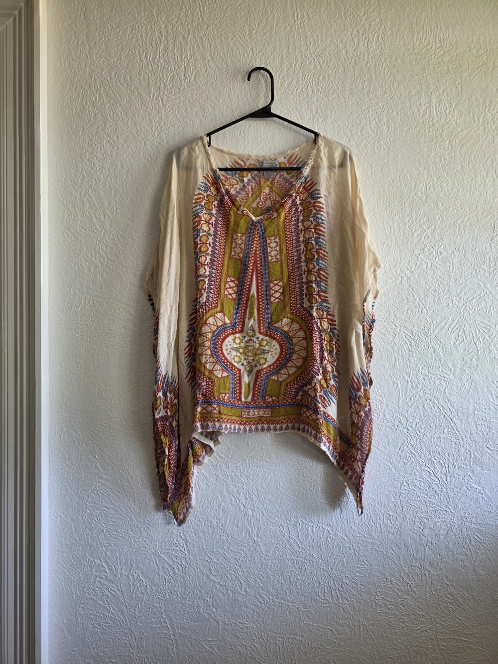 Boho Western World Market Cream Tunic Poncho with Multicolor Embroidery